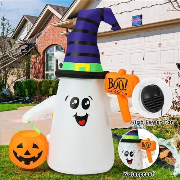 5 FT Halloween Inflatables Ghost Outdoor Decorations Blow Up Yard Cute Wizard - Picture 4 of 7